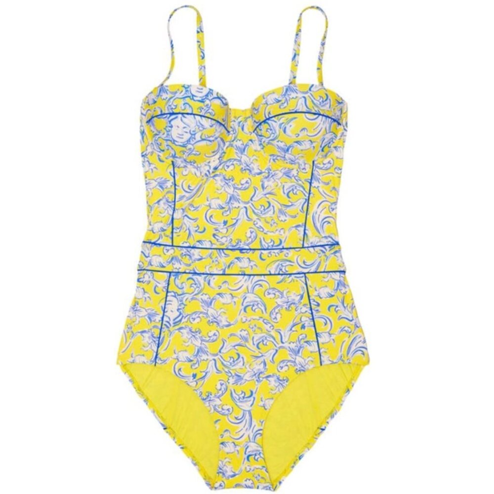 Tory Burch Floral Print Strapless Underwire One Piece Swimsuit in Yellow Swirl